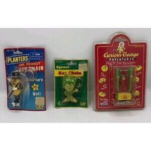 Vintage Novelty Keychain Lot - Planters Mr. Peanut, Sprout, Curious George